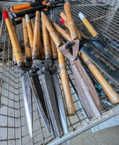 This basket shelf is designated for shears. Everyone on my crew uses these Japanese Okatsune shears specially made for trimming hedges. The shears are user friendly, and come in a range of sizes.