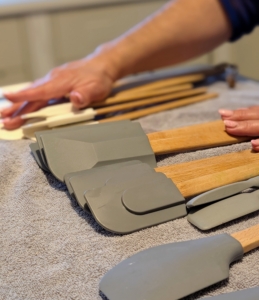 Or all those rubber kitchen scrapers? These rubber spatula scrapers are used for scraping the sides and bottom of bowls, folding ingredients together, or moving foods from one vessel to another. They are typically made from flexible rubber or silicone that is gentle on surfaces and can withstand high temperatures.