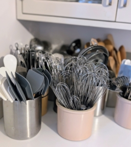 In my Winter House, I keep frequently used utensils on a movable cart, but crocks of tools on the counter is also very helpful. In just a few minutes, all these supplies are neatly organized in clean, containers close at hand. What's next?