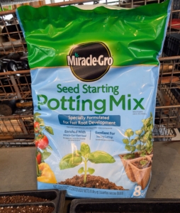 It’s best to use a pre-made seed starting mix that contains the proper amounts of vermiculite, perlite and peat moss. Seed starting mixes are available at garden supply stores. I use Miracle-Gro Seed Starting Potting Mix.