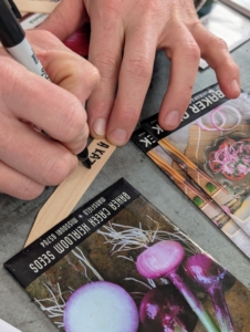 On one side of the marker he writes the vegetable variety so we can keep track of what grows well and what doesn’t.