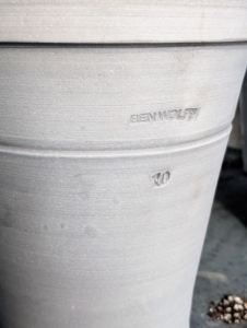 The new, larger replacement pots are made by master potter, Ben Wolff. These pots are a perfect up-size for my dracaena plants. The number on the side refers to the wet clay weight, which in this case is 10-pounds.