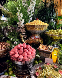 Desserts were everywhere including colorful chocolate filled macarons served in giant bowls.