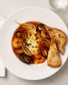 If you love seafood, you'll love every bite of this Cioppino with Alaskan halibut, clams, mussels and prawns with roasted fennel, tomato, and grilled rustic bread.