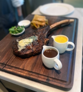 There is also the juiciest 38-ounce Prime Tomahawk* for Two that is carved table-side and served with braised leeks, watercress Bordelaise and Béarnaise sauce.