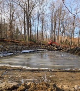 Once the pond was cleaned and emptied, work began on the repairs. My main goal was to restore the pond so it supported a healthy ecosystem and was aesthetically pleasing.