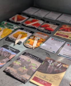 Once all the packets are pulled and organized by type, Ryan determines what order the seeds will be started in the trays depending on how long it takes each plant to germinate.