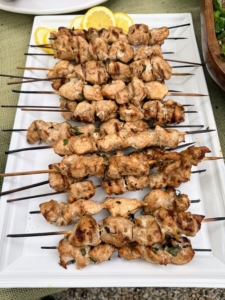 The herbed chicken skewers are so tasty – Patsy cooked these outside on the grill.