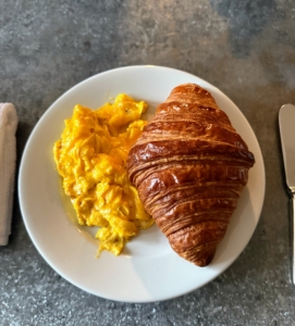 One of the first meals was a hardy early morning breakfast. I used my delicious farm fresh eggs and scrambled them in butter and then served them with croissants I got from New York City's Ladurée.
