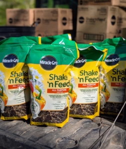 I use Miracle-Gro Shake ‘n Feed All Purpose Plant Food. It contains all the essential nutrients to nourish the plants and trees above and below the soil.