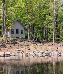 I wanted the pond to be surrounded with gorgeous trees and plants. They will shade the charming pond house so nicely.