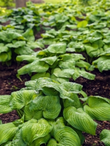 And then they show off their large beautiful leaves. The hostas were strategically positioned and spaced, paying attention to variety, color, and growth habit.