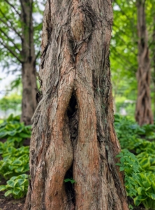 Dawn redwood trunks are reddish-brown with vertical, shredding bark.
