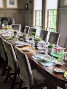 Originally I planned to serve lunch outdoors, but this day was very cloudy and weather forecasts warned of showers, so it was too risky. I set my long table inside the Brown Room instead and it looked perfect.