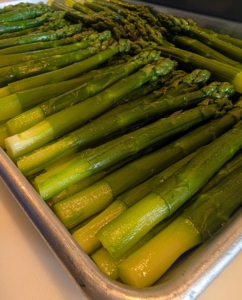I also served asparagus stalks in green and white. They are always so delicious. I like to peel the bottoms of the asparagus stalks before blanching.