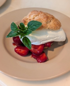 And then the dessert - strawberry shortcakes with the freshest sliced fruits and homemade biscuits, and topped with homemade whipped cream and a sprig of mint. It was a lovely meal and meeting of the minds...