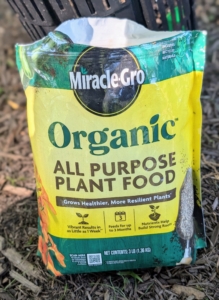 I use Miracle-Gro Organic All Purpose Plant Food. It's good for both outdoor container and in-ground plants and feeds for up to three-months.