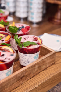 My red iced tea with citrus & berries is made with red zinger iced tea and lots of fresh fruits to bring out the tea flavors. Each glass is garnished with a sprig of mint.