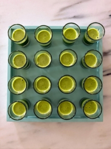 Trays of my nutritious green juice are also prepared fresh that morning. Everyone must have a glass of green juice to start the day.