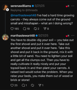Do you notice this gardening enthusiast? Tennis great Serena Williams was one of the first questions I received. She wants to know how to grow better carrots. I advised her to double-dig her soil or loosen it thoroughly to aerate deeper layers and allow plants to grow bigger and more vigorously.