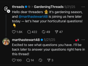 Earlier in the day, Threads posted an announcement that I would be conducting the event and asked followers to submit their gardening questions.