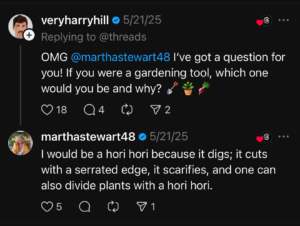 One follower asked what kind of gardening tool I would be. I talked about my Hori Hori knife, which is a heavy-duty serrated multi-purpose steel blade for digging, cutting, weeding, etc.