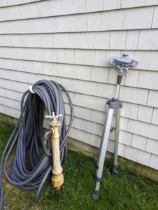 A Gilmour hose and at least one sprinkler are placed at every bibb or faucet.
