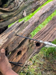 The nails used to secure the railings are quite long – four inches. These are long enough to go through the railings and into the corresponding posts.