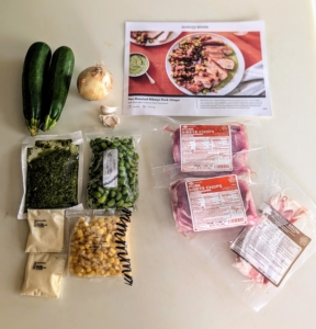 Whenever we cook our Marley Spoon meal kits, we remove all the ingredients and place them on the counter. These ingredients are pre-portioned and come in easy to open packaging. All one needs to provide is the olive oil, salt, and pepper if needed.