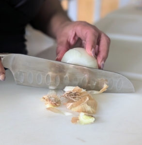 Step one: finely chop the onion - if you don't want to use the entire onion, you can save half to use later.