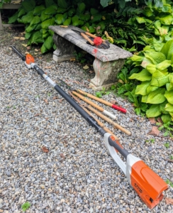 I always instruct my gardeners and outdoor ground crew to bring all the necessary tools to the work site. Among the tools needed for hedge pruning they need landscape twine, long handled shears, gloves, and a STIHL HLA 85 Lithium-Ion Powered Adjustable Telescopic Hedge Trimmer, which has a durable 20 inch blade that cuts easily and precisely.