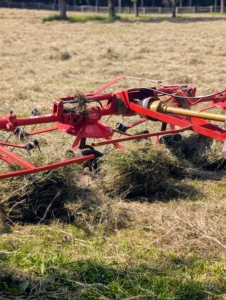The hay turn colors from green to tan. On average, it takes about three days per field, depending on the size of the field and the weather, to complete the entire process of mowing, raking, and baling hay.