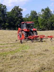 Next, the cut hay is ready for tedding, also known as fluffing. This is our hay tedder. A tedder spreads and fluffs the hay in a uniform swath. It uses a rotary motion to grab the hay with spinning tines and then cast it out the back of the machine. The tedder moves up and down the field taking all the greener hay from the bottom and turning it over to dry.