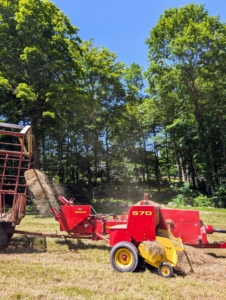 And then it is propelled into the wagon by a mechanical arm called a thrower or a kicker. The bales are manageable for one person to handle, about 45 to 60 pounds each.