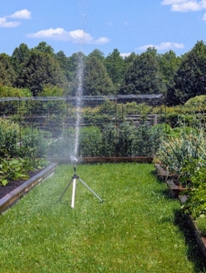 Here’s a tripod in my vegetable garden. Look how far the sprinkler can reach – and the spray is very consistent.