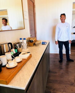 Upon arrival at the COMO Hotel, Dorian was greeted by their butler, Rikardus, from Indonesia. He's been working at the hotel for more than 10 years. Because there are no passenger cars allowed on Parrot Cay, Rikardus also provided most of the transportation to and from activities.