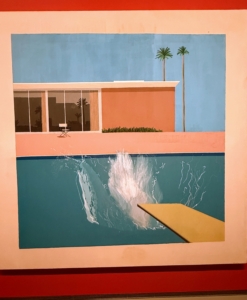 This is David Hockney "A Bigger Splash," 1967 which shows how David captured specific moments in time. It is a famous work included in a series of paintings Hockney created featuring the California lifestyle.