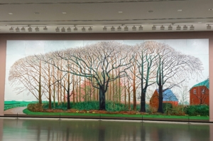 David hockney, "Bigger Trees near Warter," Winter, 2008. The entire work is a landscape painting and depicts trees near Warter, a small village in the East Riding of Yorkshire, England.