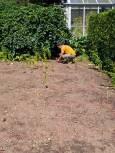 Ryan meticulously measures each square to be three feet by three feet.