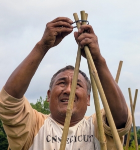 Pete gathers the three bamboo stakes at the top and uses zip ties, also known as tie wraps, to secure them.