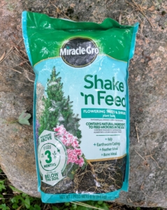 For these plants, I use Miracle-Gro Shake 'n Feed Flowering Trees & Shrubs plant food. It feeds the soil with kelp, earthworm castings, feather meal, bone meal and lasts for up to three months.