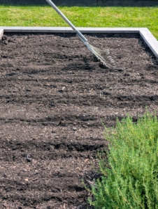 After planting, Ryan uses a soft rake to gently bury the seeds and smooth out the beds. Sprouts should start to emerge in about a week or two. Before finishing for the day, sprinklers are turned on to give all the beds a good drink.