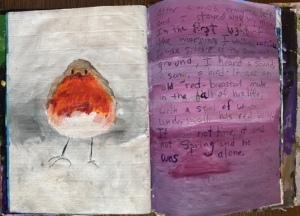 Every page is a beautiful work of its own. This tells another angle of the robin's nest and eggs story. Sheila looked to find something special in the small and ordinary of nature.