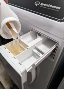 Speed Queen’s washers take all kinds of detergents – liquid, powder, and pods. I only use the gentlest unscented liquid detergents for all the washing done here at the farm.