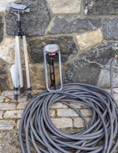 I keep the sprinklers near the hoses, so they’re always readily available. And when not in use, they are neatly rolled up near the hose bib.