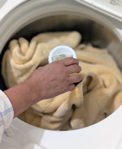 The liquid detergent is placed into the soap compartment. Here, it is in the center agitator.