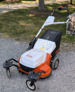 STIHL also offers mowing equipment. I have this STIHL RMA 756 V push mower. A push mower is a walk behind unit that an operator pushes forward or backward to mow the lawn. This machine has a cutting height range from one to four inches to accommodate a variety of different grass types, terrains, seasons, and weather conditions.
