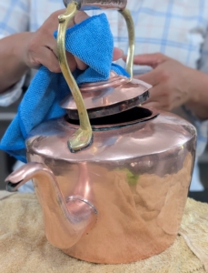 Drying copper as soon as it is washed also helps prevent watermarks. And never place any copper in the dishwasher. The detergents’ aggressive chemicals, combined with the washer’s high cleaning temperature, will eventually cause any copper surfaces to dull, so hand-wash all copper mugs, pots, and pans instead.