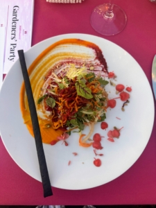 Dinner included autumn vegetables with toasted sunflower seeds, carrot-elderflower purée, and apple blossoms.