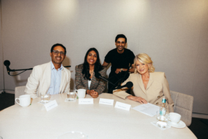 Next it was straight to the executive Marquee Brands headquarters to record a podcast with Elm Biosciences co-founder Dr. Dhaval Bhanusali, and advisory board dermatologists Dr. Raja Sivamani and Dr. Saranya Wiles. (Photo by Madison McGaw/BFA)